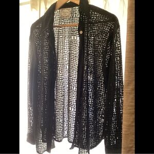L XL Black Rayon Velvet Burn Out Geometric Button Down Shirt Sheer